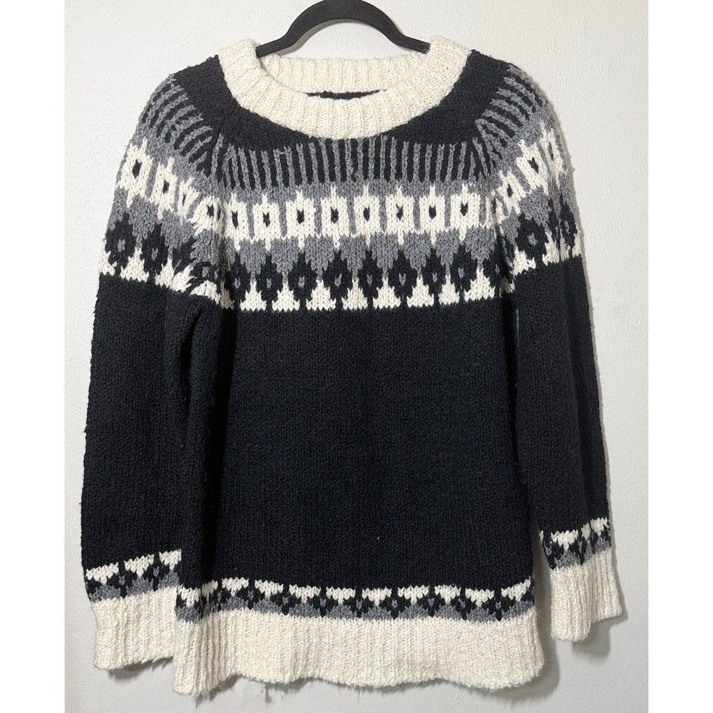 Peruvian Trading Co 100% Alpaca Wool Chunky Sweater Size Small Black Geometric